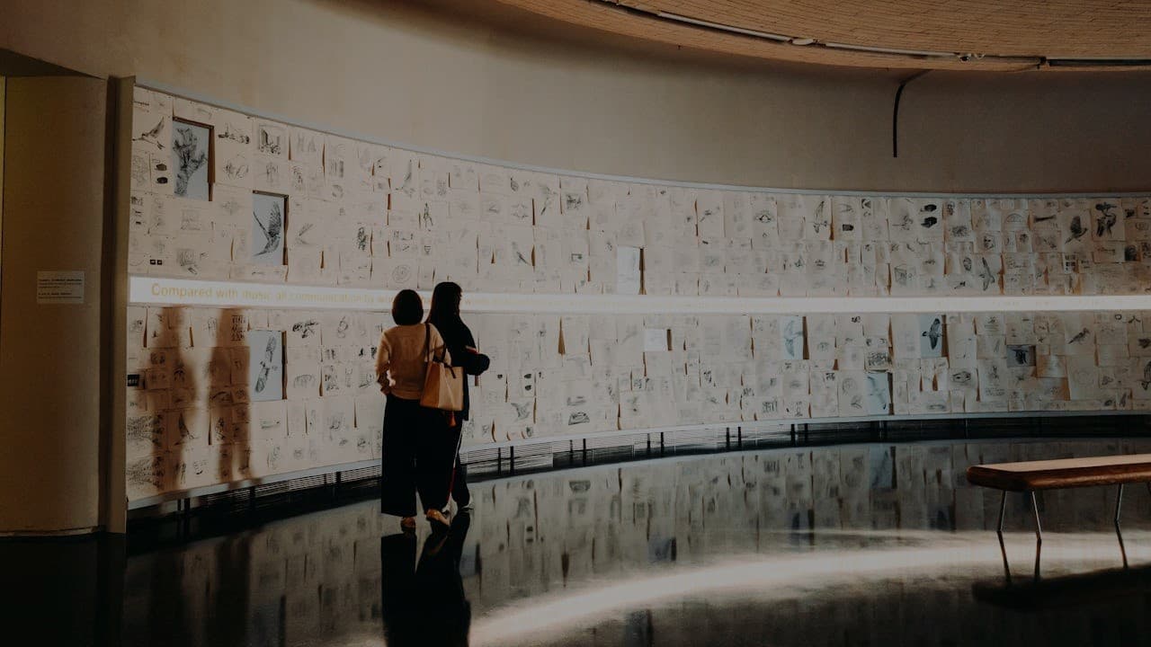 Art museum hallway with sculptures